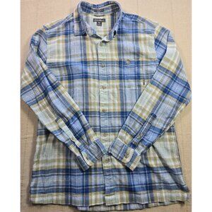 Eddie Bauer Plaid Button Down Shirt Men’s Large Blue Short Sleeve Linen Cotton